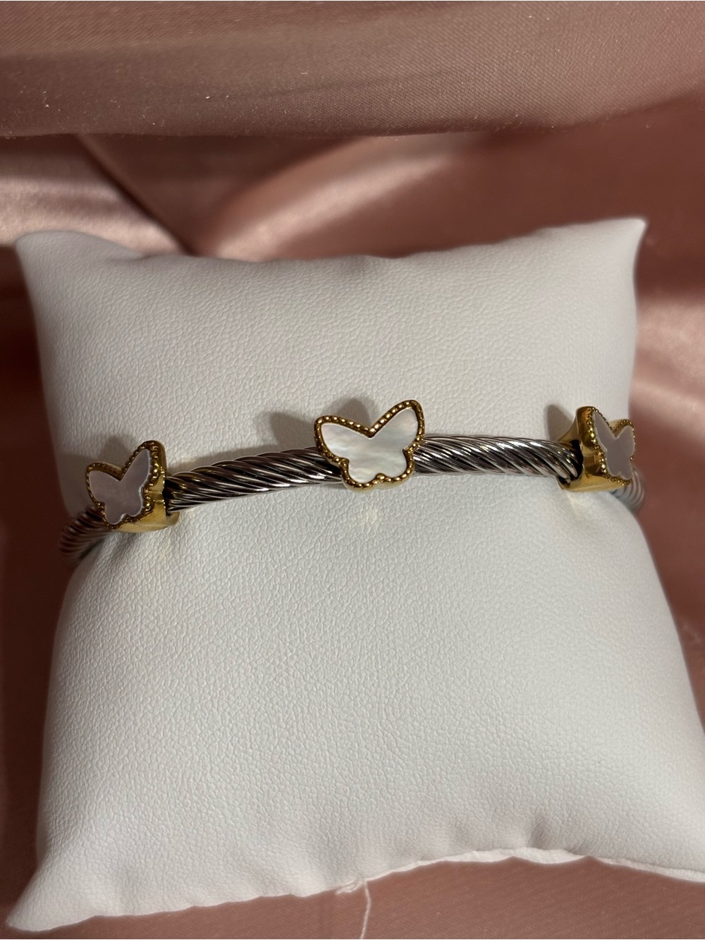 Gold & Silver Butterfly Cable Bracelet - Mother of Pearl White Butterfly Accents